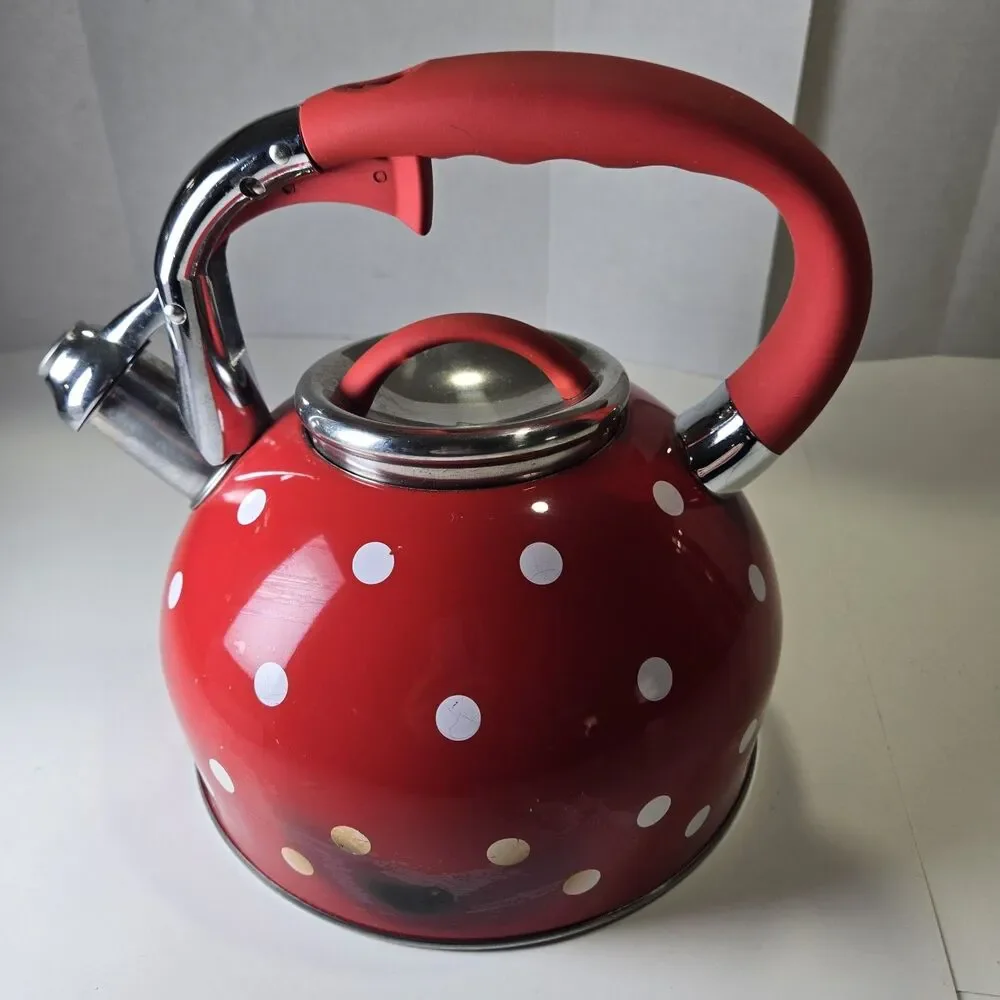Retro Red Polka Dot Whistling Teakettle - Pristine Interior - Please Read